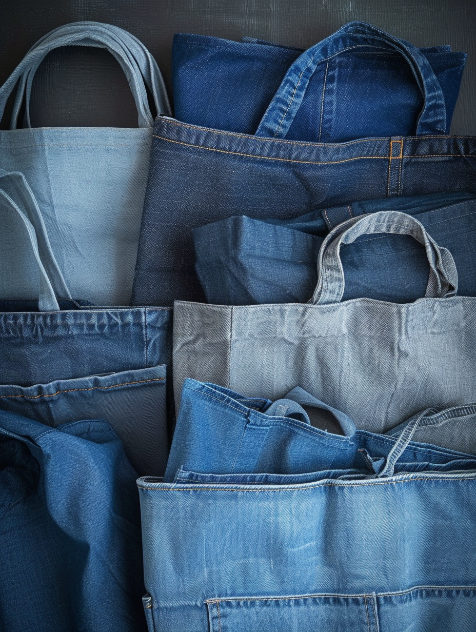 Photo of reusable denim shopping bags in various shades of blue