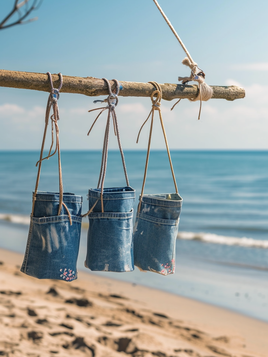 Photograph of denim water bottle holders, hanging by the beach