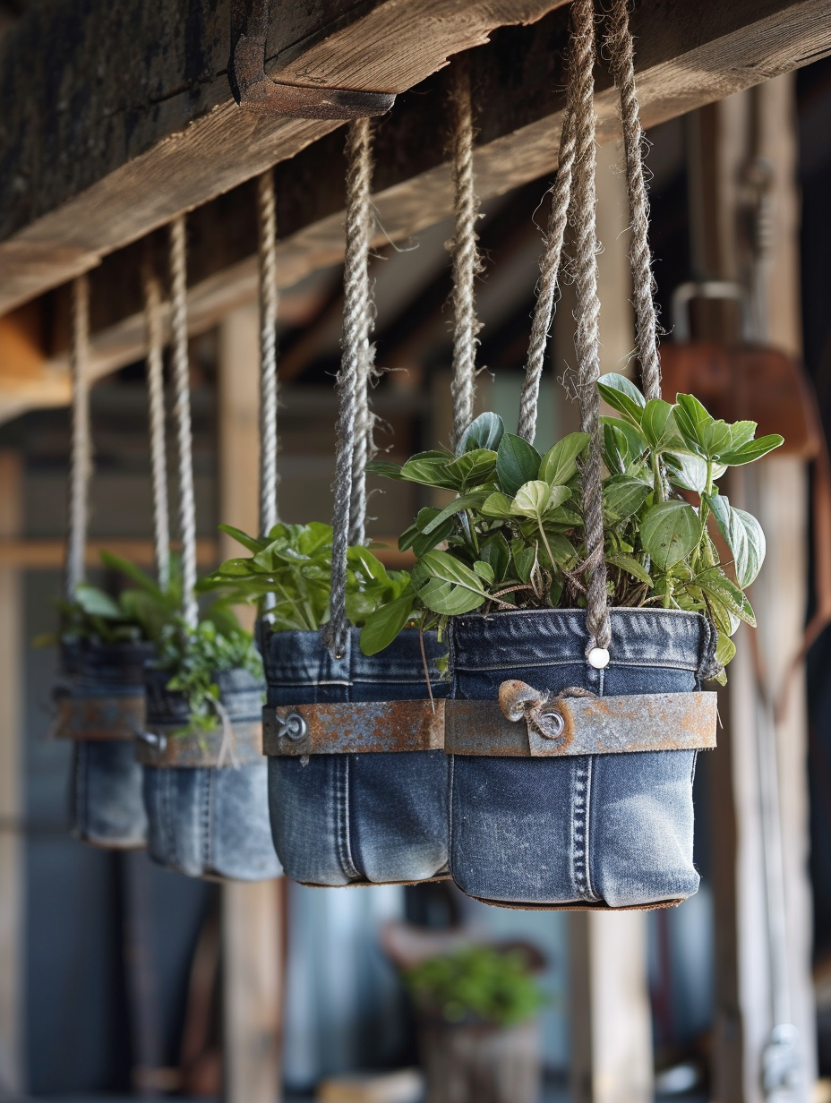 Photograph of recycled denim as pot plant holders hanging from wooden beams
