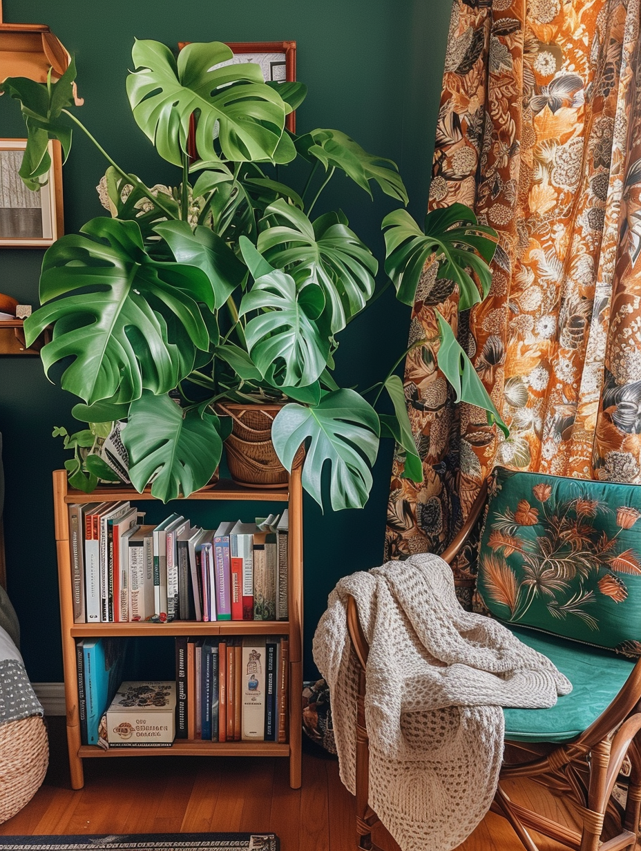 Picture of a Bohemian corner with a leafy Monstera, a freestanding shelf with books, and bohemian-patterned drapes