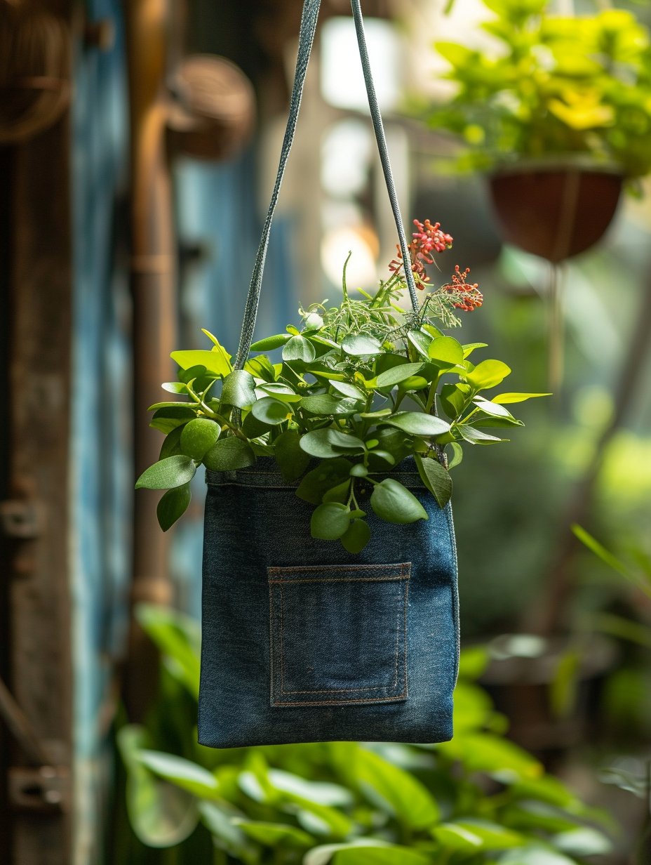 Plant growing in a sustainable denim pocket hanging in a patio