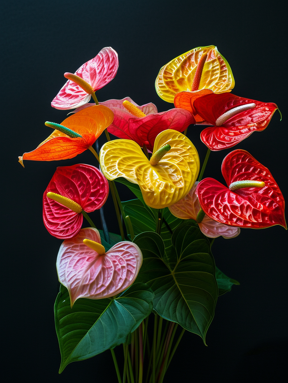Pop art inspired Anthurium arrangement with bold color contrasts and a plain black background.