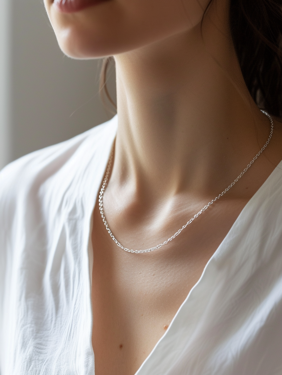 Produce an impression of a minimalist, thin, long silver chain