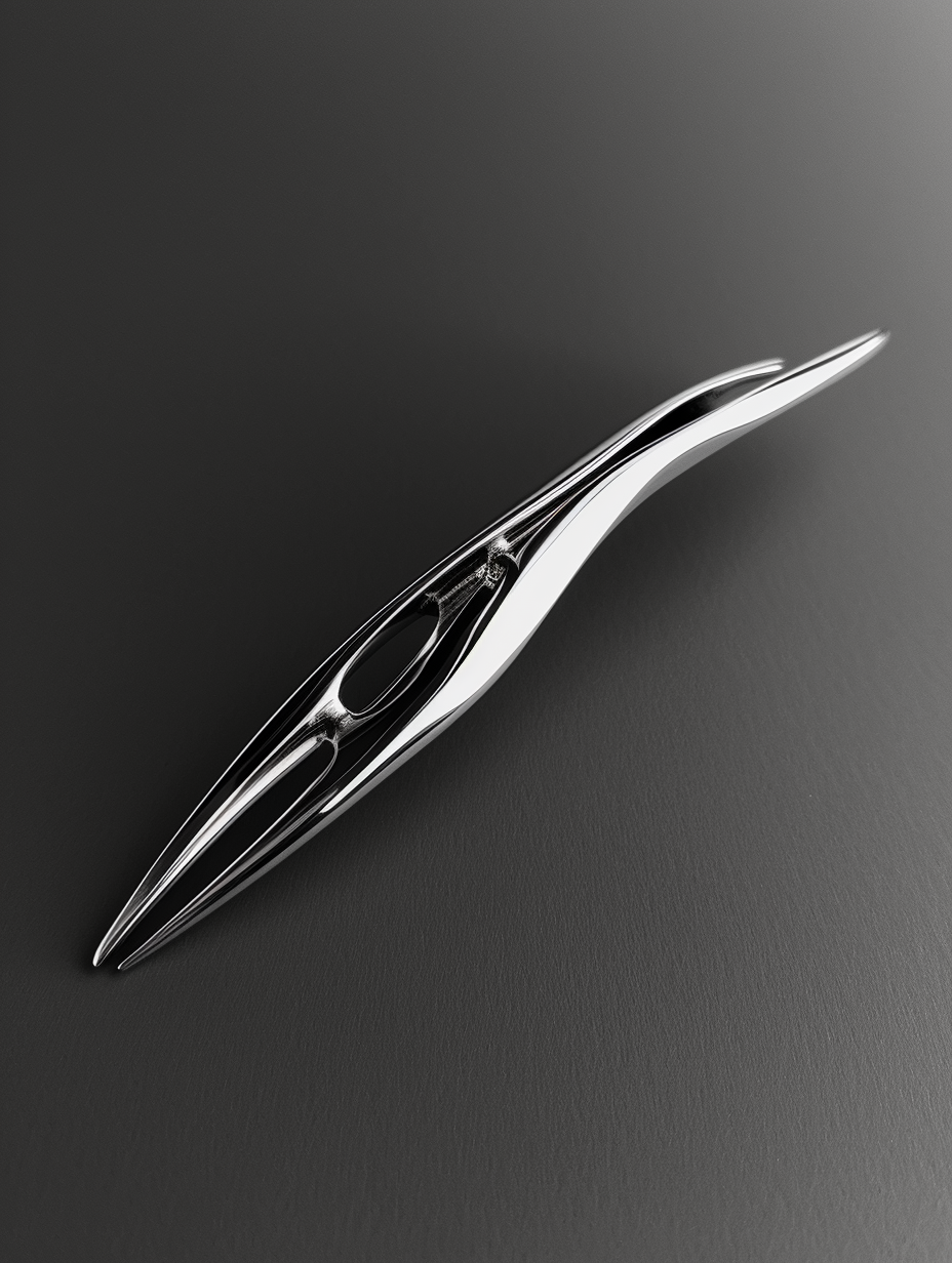 Project the image of a minimalist, sleek, metal hair clip