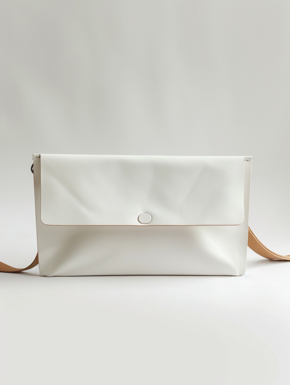 Provide a representation of a minimalist white leather clutch