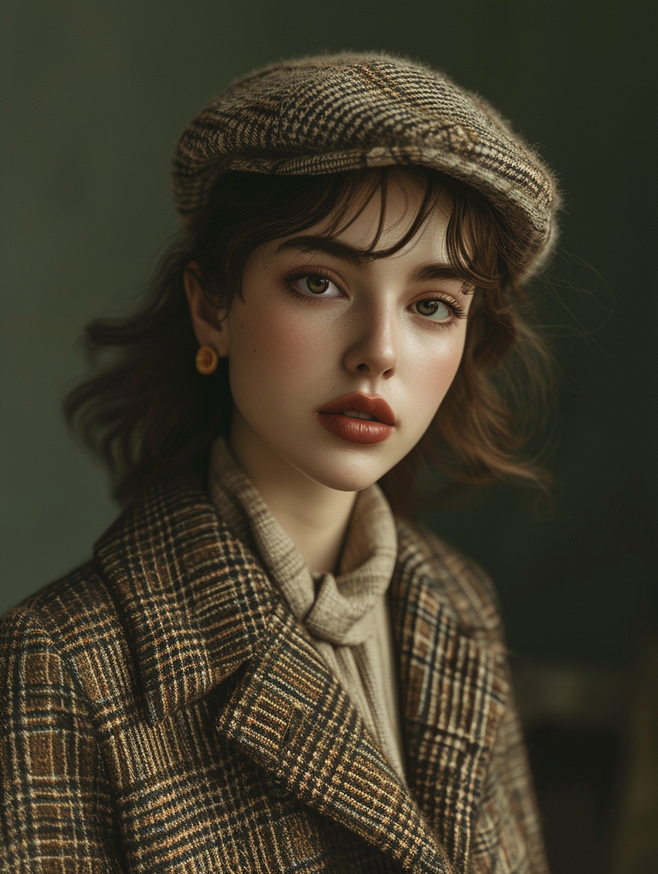 Render an androgynous outfit with a tweed jacket and beret