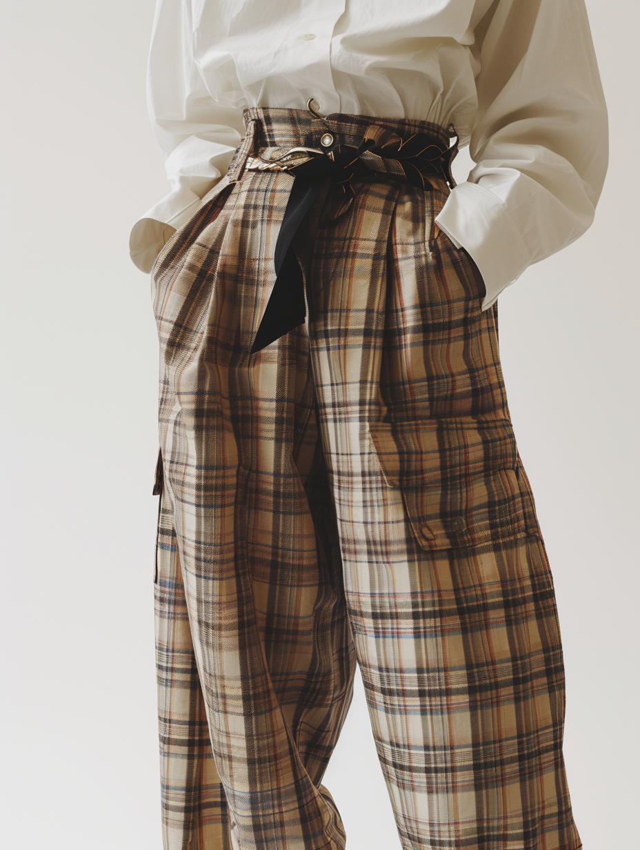 Rendered photo of a plaid paperbag waist trousers