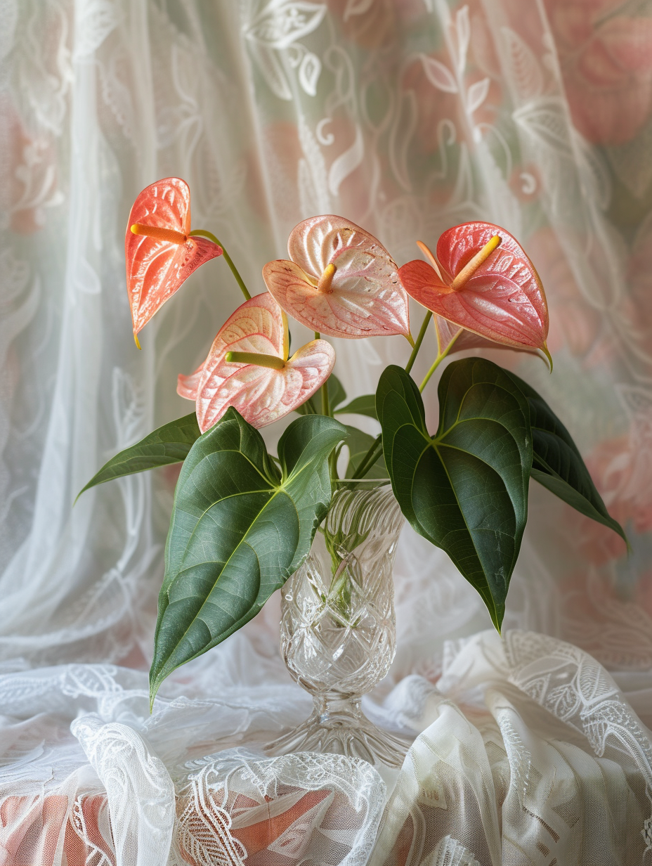 Romantic Anthurium display in a crystal vase on a vintage lace tablecloth with a soft focus background