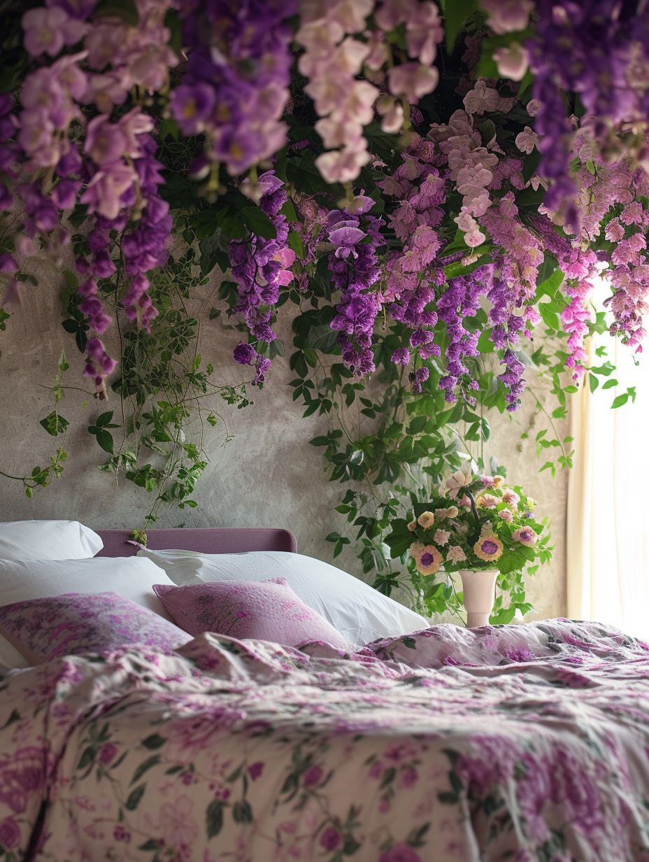 Romantic bedroom decorated with a variety of hanging purple orchids