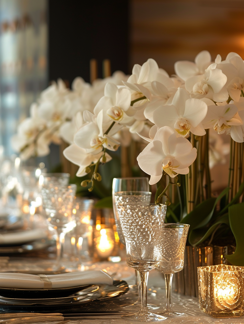 Row of delicate white orchids adorning a chic dining table
