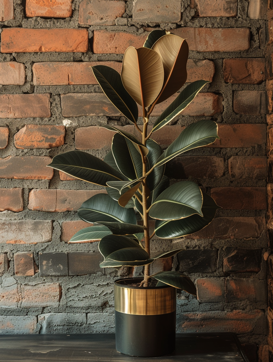 Rubber Plant with stylish brass pot holder against a rustic brick wall