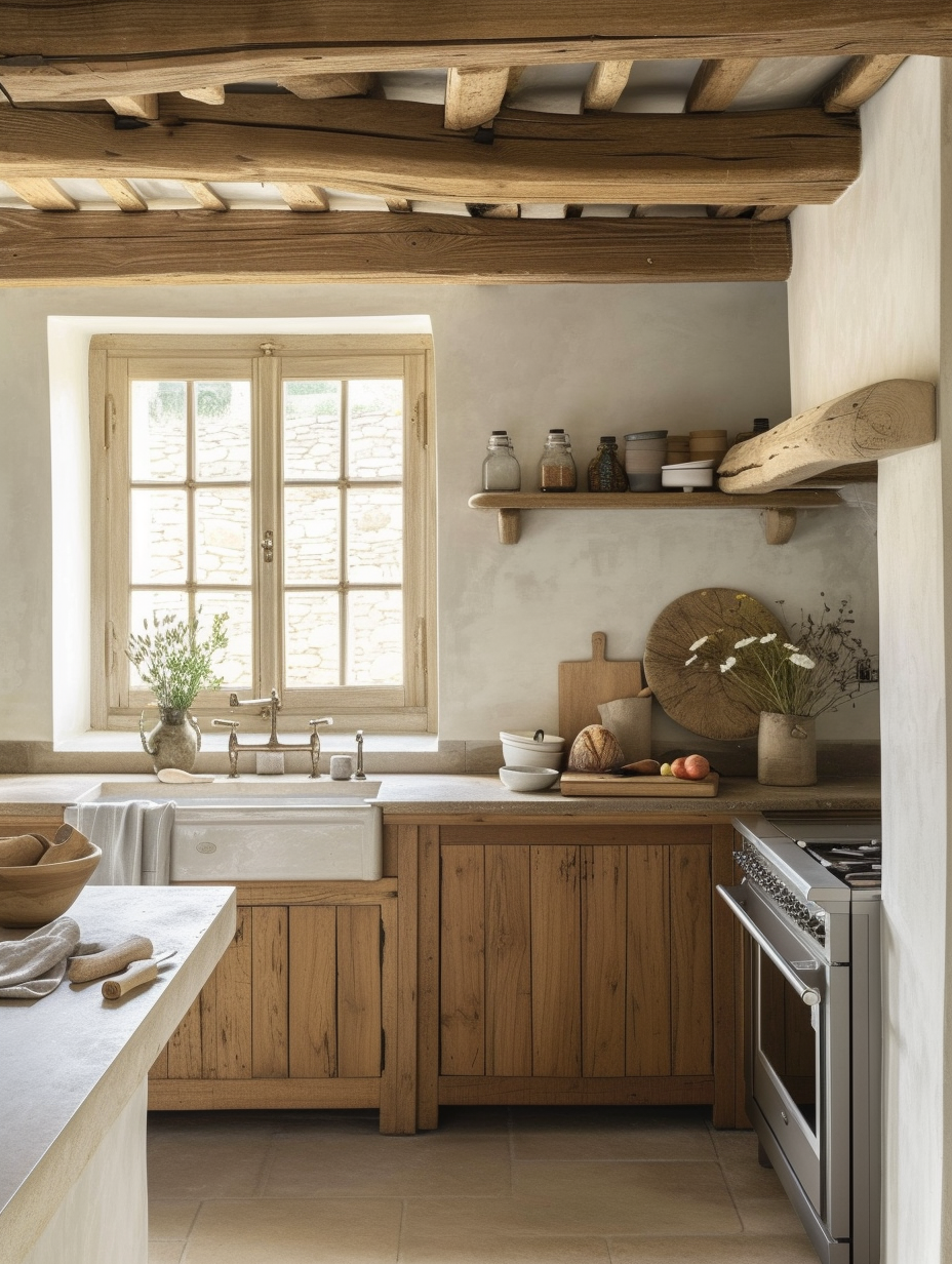 Rustic Scandinavian kitchen with wooden beams and a farmhouse sink --ar 3:4