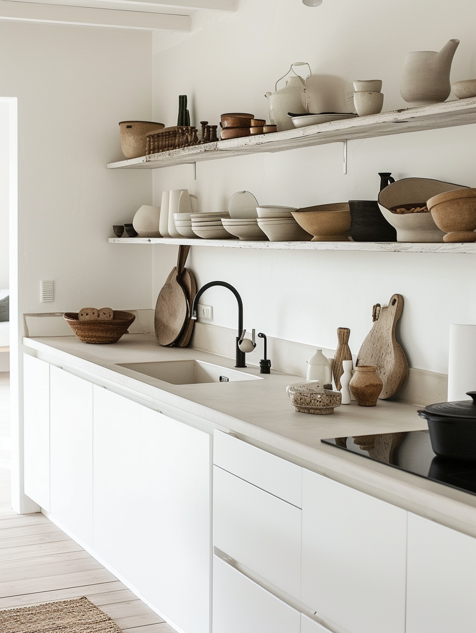 Scandinavian style kitchen with open shelves and a white color palette --ar 3:4
