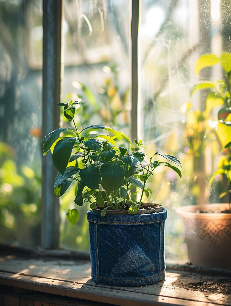 Self-watering plant in a denim pot in a solar-powered greenhouse
