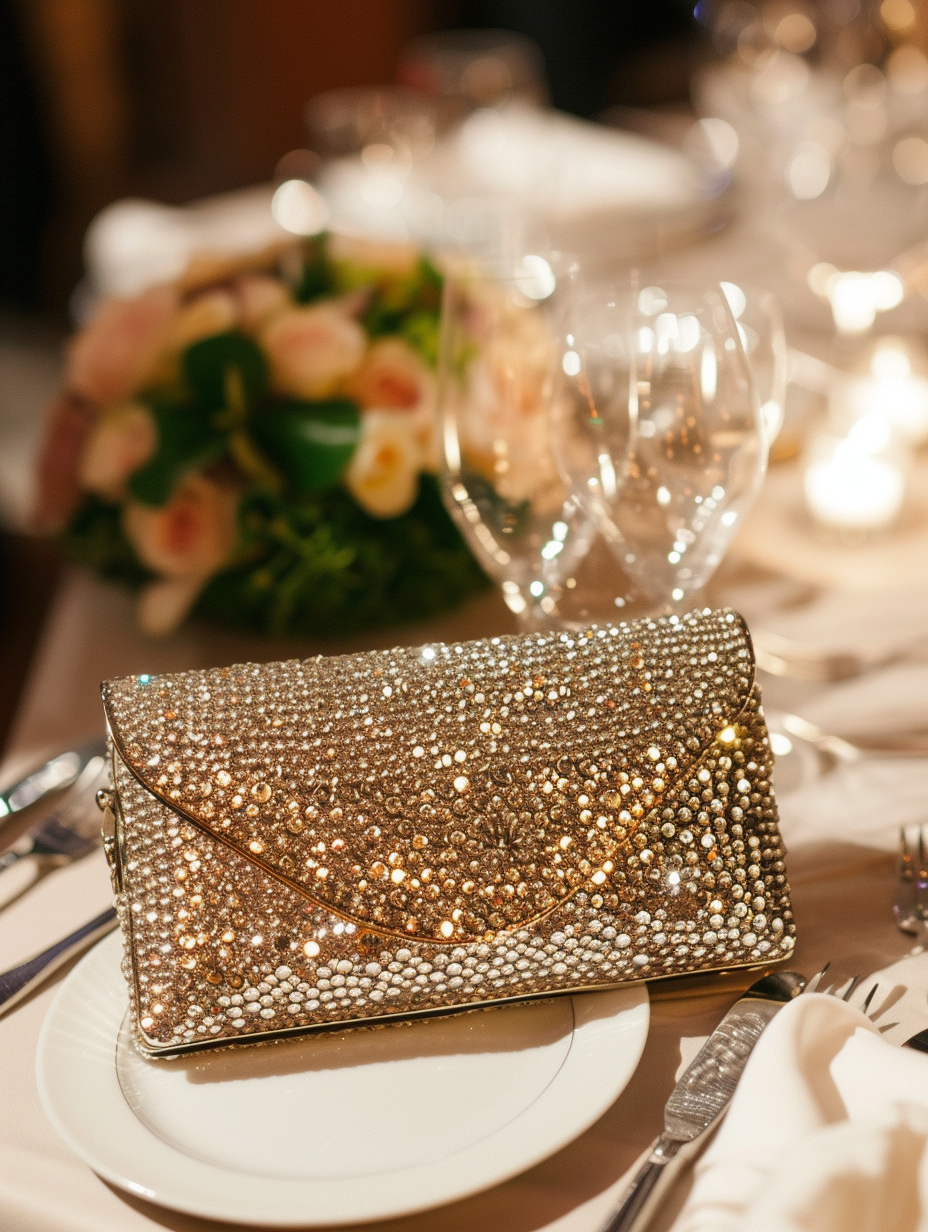 Sequin evening purse detail on a table next to dinner plate