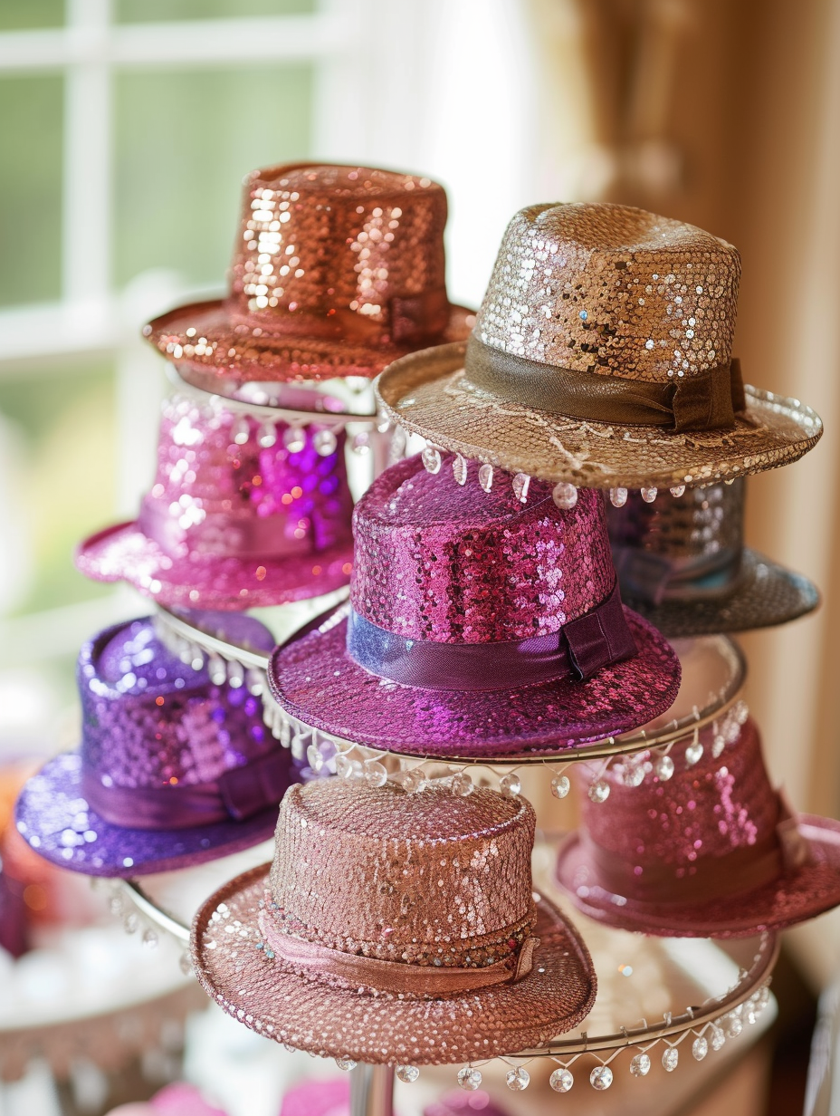 Sequin hats on a hat stand at a vintage-themed party