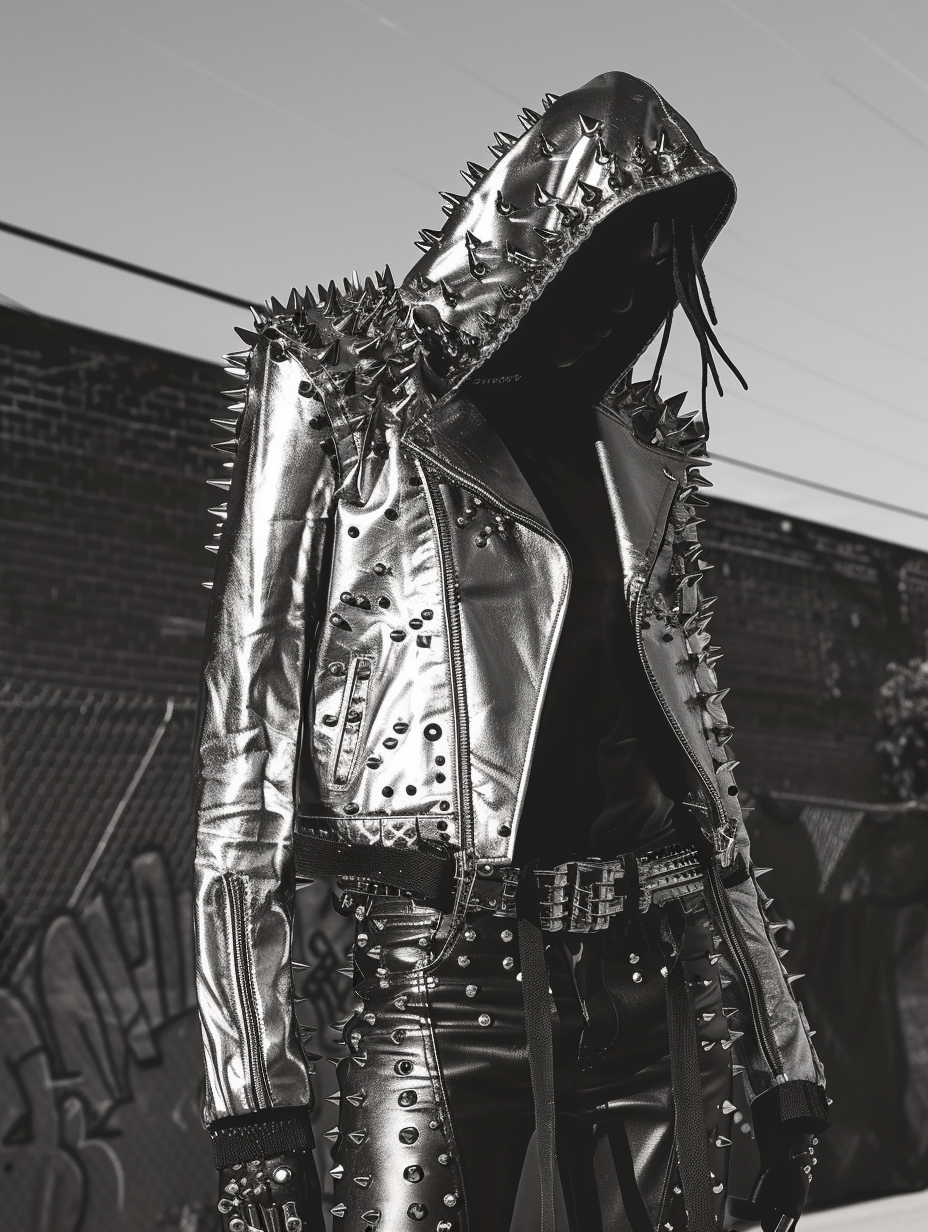 Shimmering metallic silver leather jacket decked with spikes on an industrial grunge scene, articulating an edgy statement