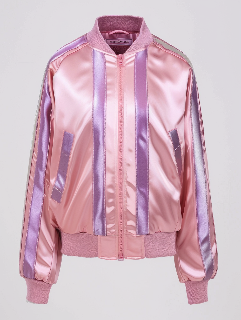 Shiny pastel pink bomber jacket with stripes --ar 3:4