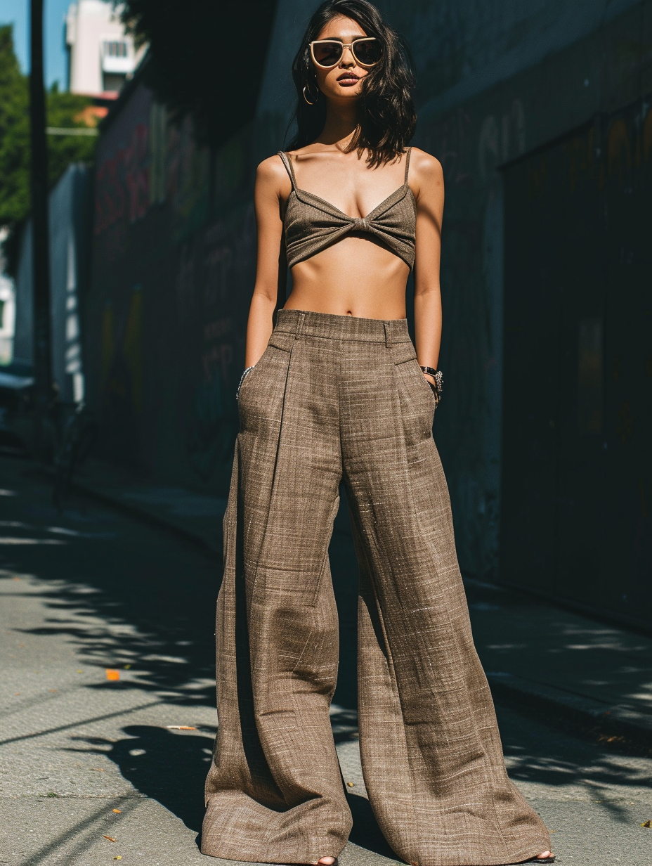 Show an androgynous look with wide-legged pants and a crop top