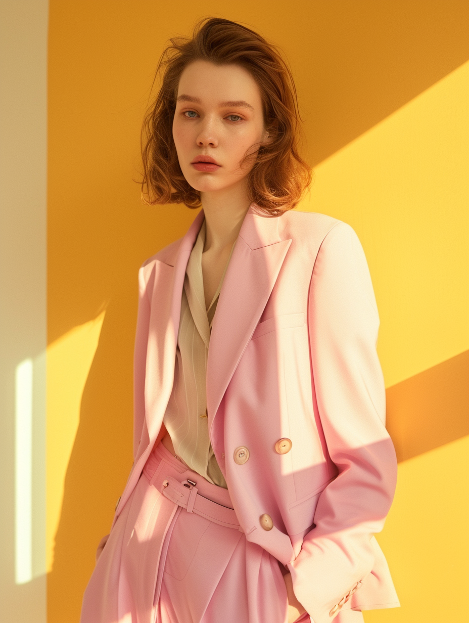 Show an androgynous office attire in pastel colors