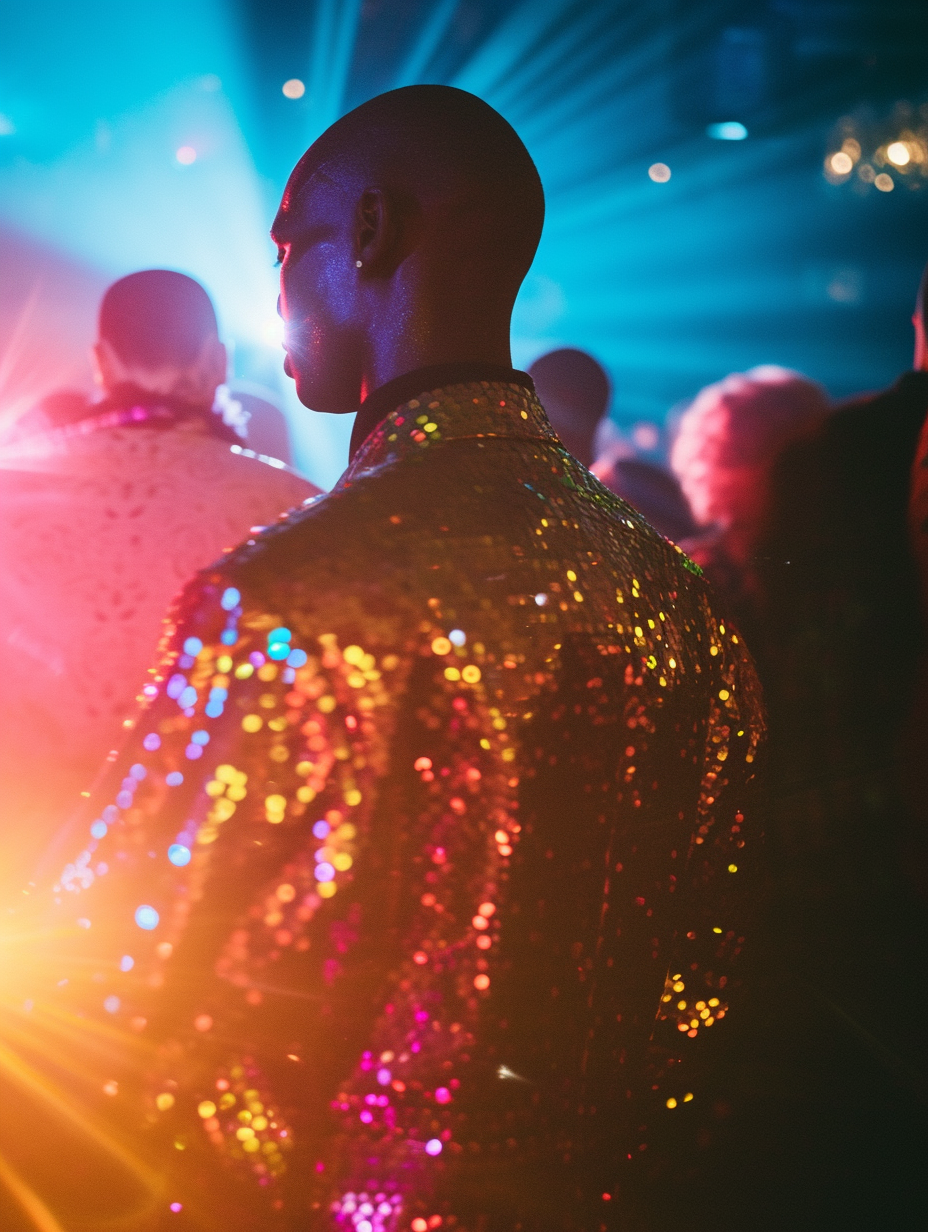 Spotlight on a man's sequined waistcoat at a dance party