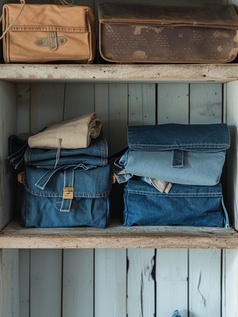 Stack of varied denim lunch bags on a reclaimed wooden shelf