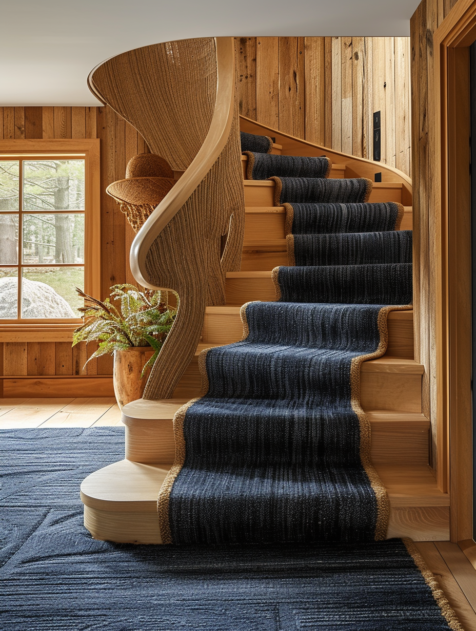 Staircase draped with a denim carpet in an environmentally friendly home