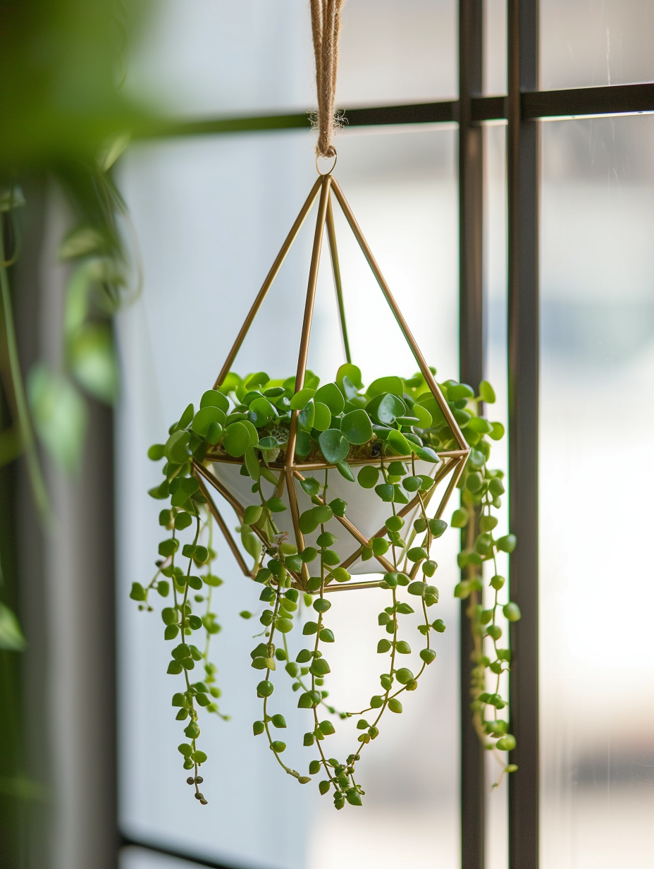 String of Pearls Plant arranged artistically in a hanging geometric terrarium