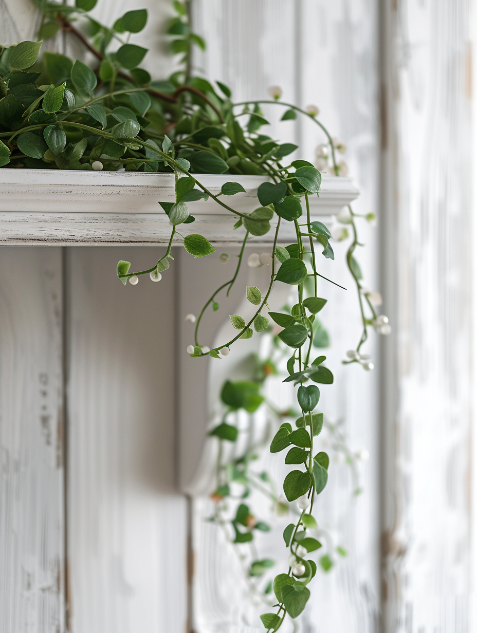 String of Pearls plant draped over a white rustic wooden shelf