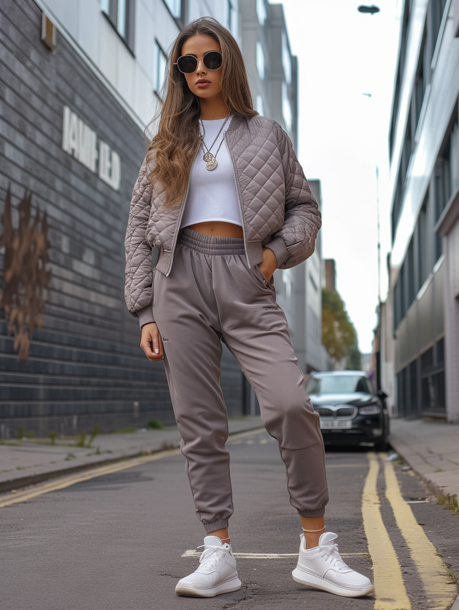 Stylish athleisure outfit featuring a quilted bomber jacket paired with structured joggers