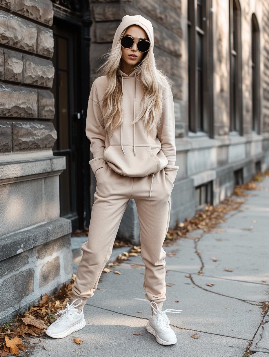 Stylish athleisure outfit featuring a warm beige jogger set