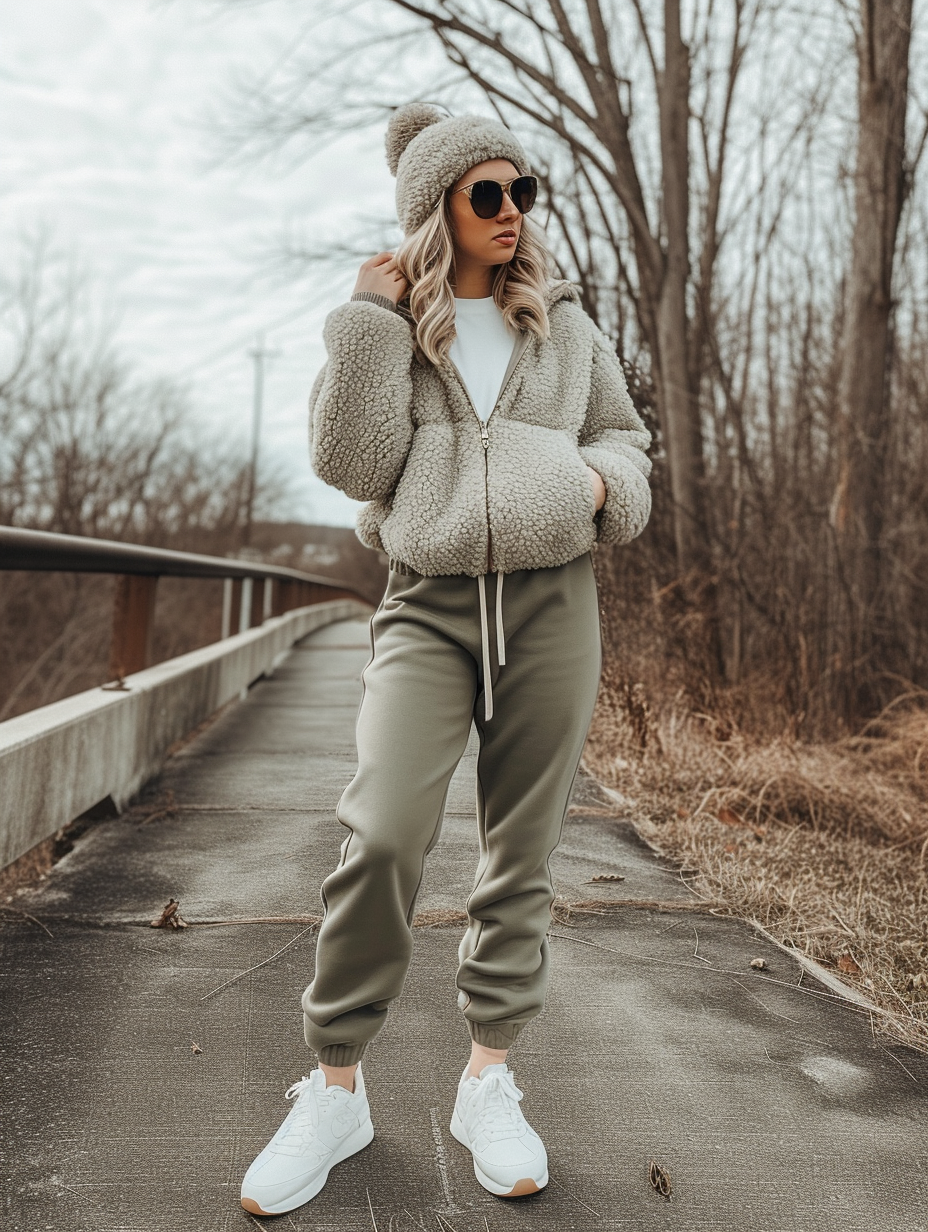 Stylish, everyday comfy look featuring soft khaki joggers with a fluffy sherpa pullover