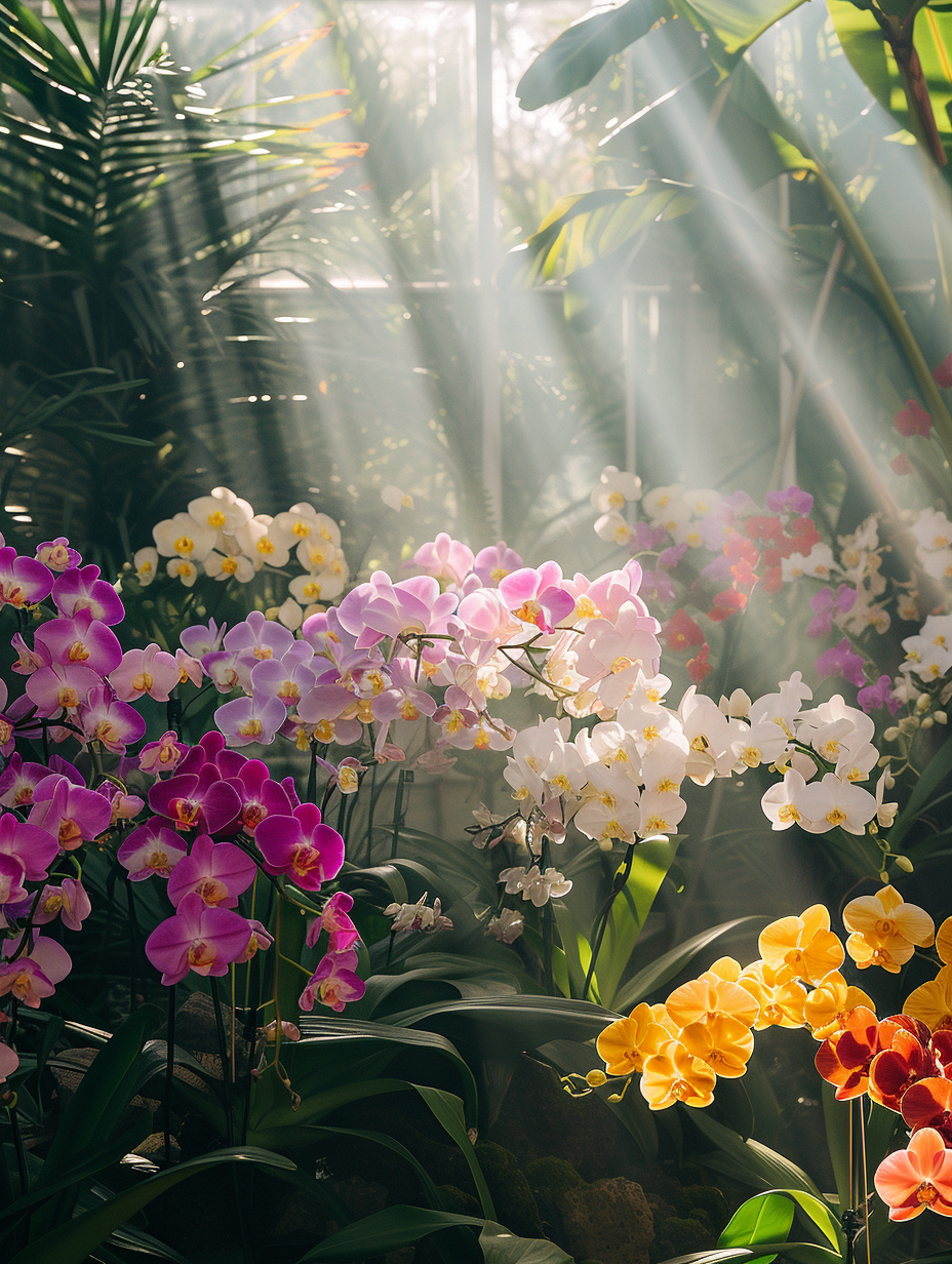 Sunlight streaming through a greenhouse full of vibrant rainbow-colored orchids