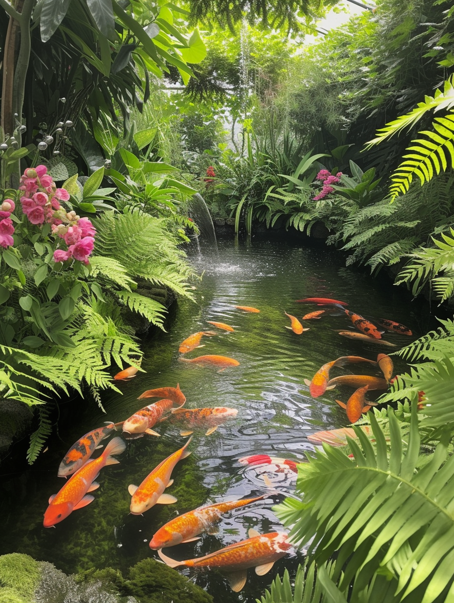 Sunlit Koi pond surrounded by lush ferns and flowering plants