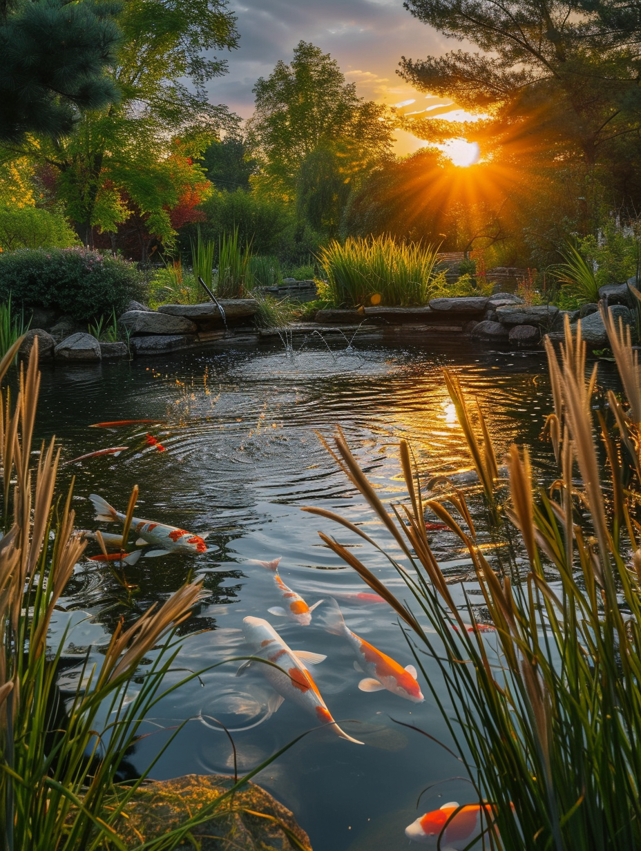 Sunrise over a peaceful koi pond rimmed by ornamental grasses