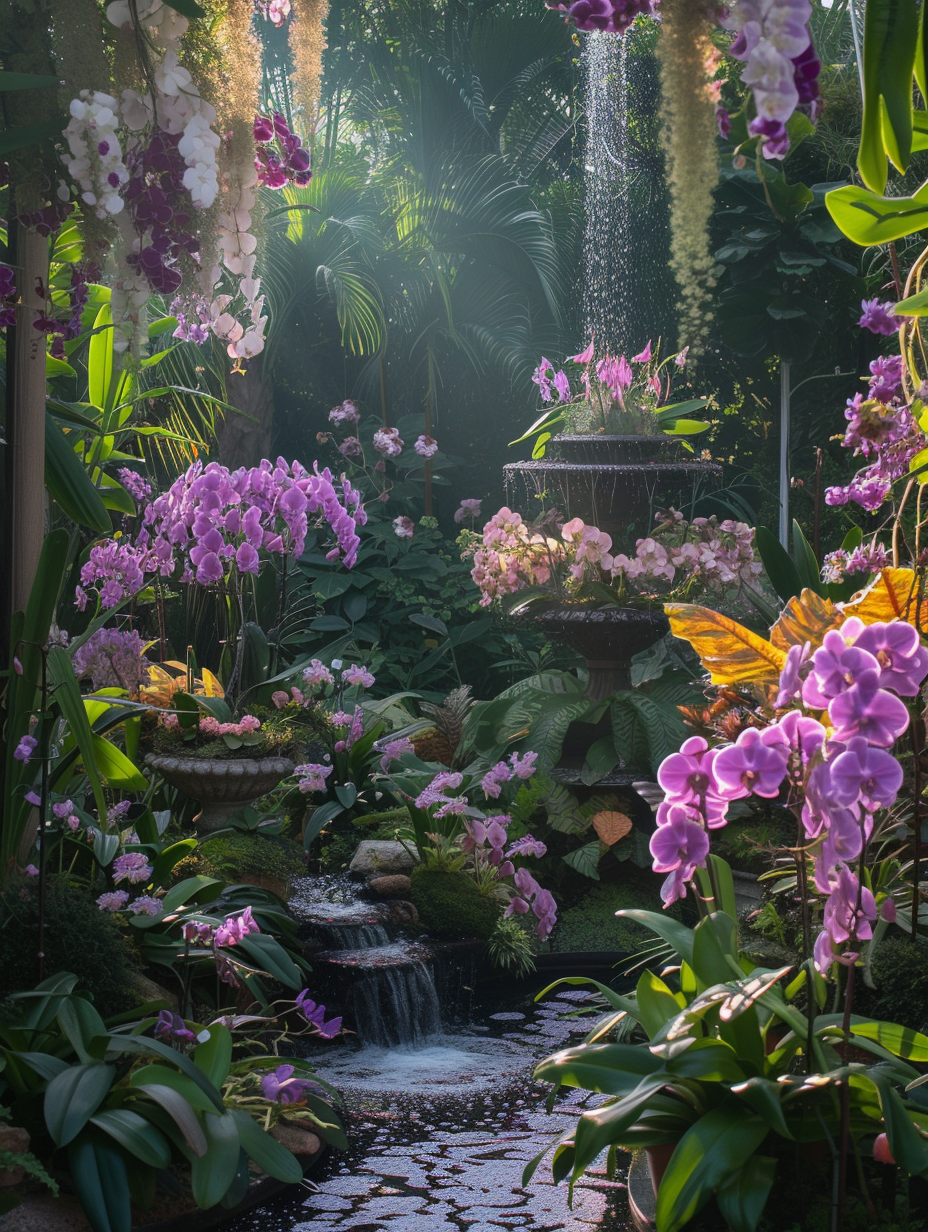 Surreal display of lavender orchids in a whimsical garden