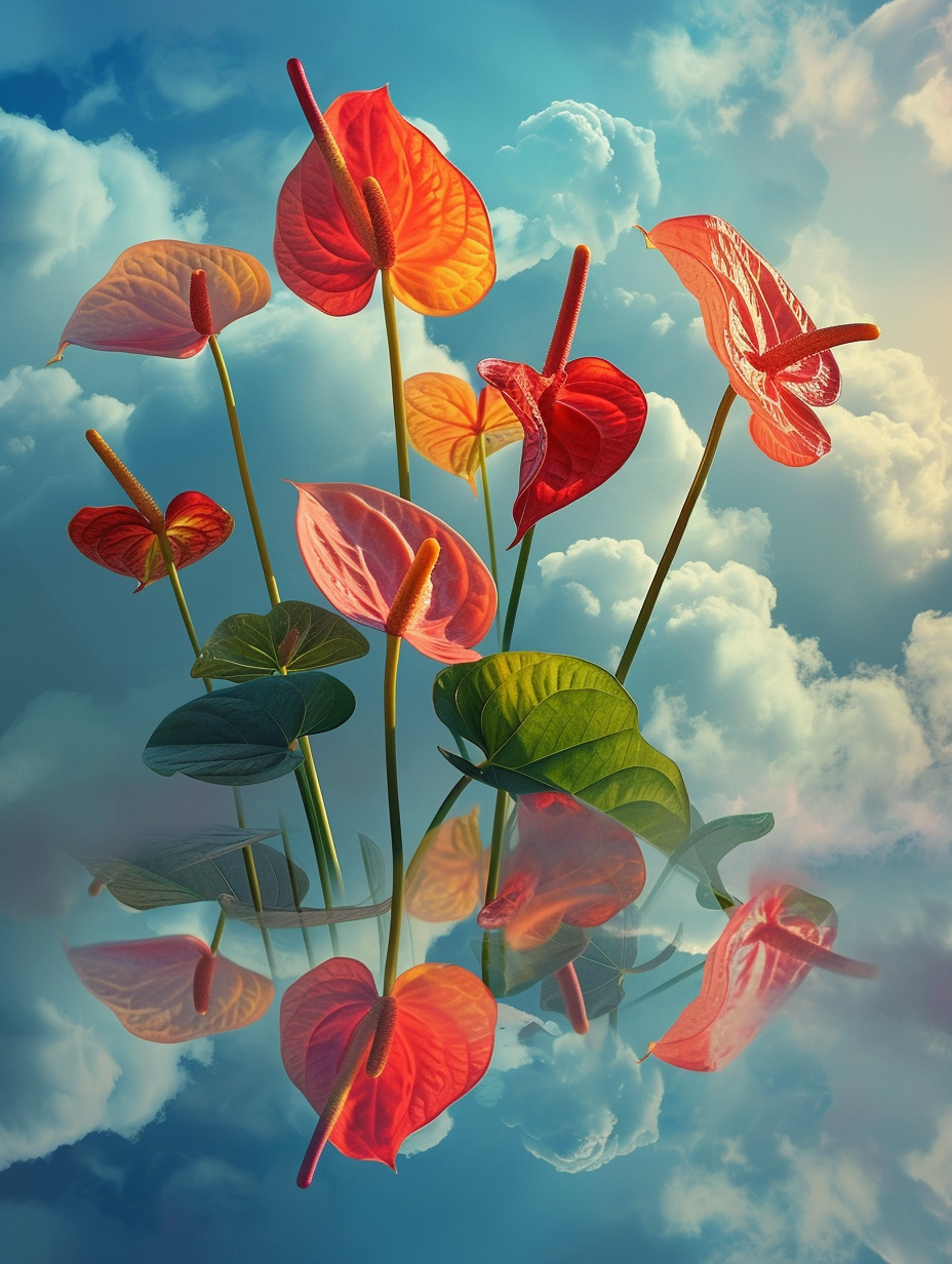 Surreal fantasy-style Anthurium floral arrangement with radiant colors floating in a dreamy cloudscape
