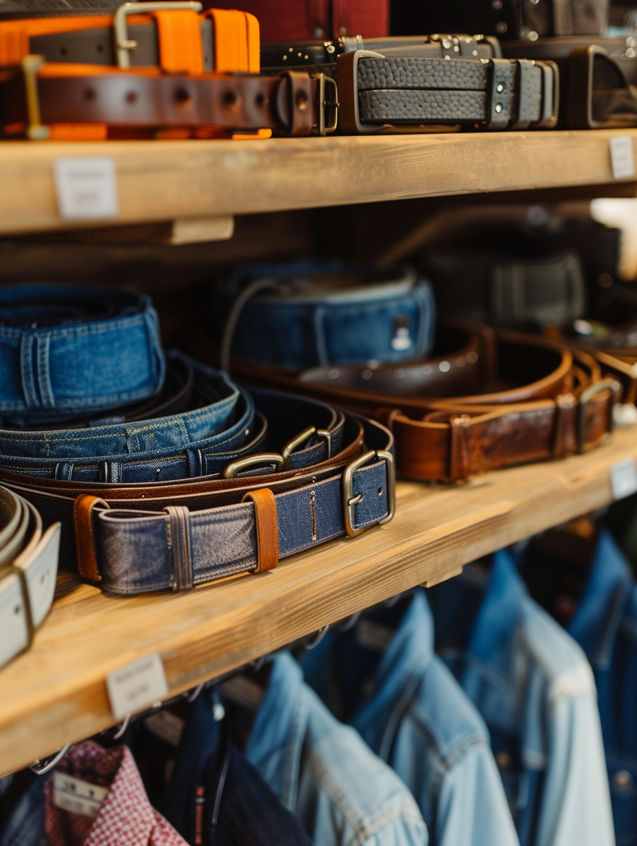 Sustainable denim belts on display in a naturally lit store