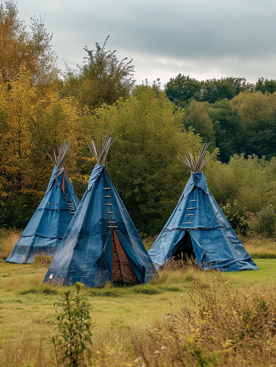 Tepees constructed of repurposed denim in a sustainable camping ground