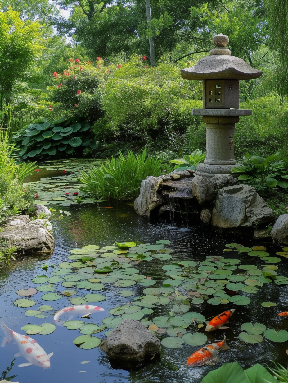 Tranquil koi pond featuring a traditional Japanese lantern