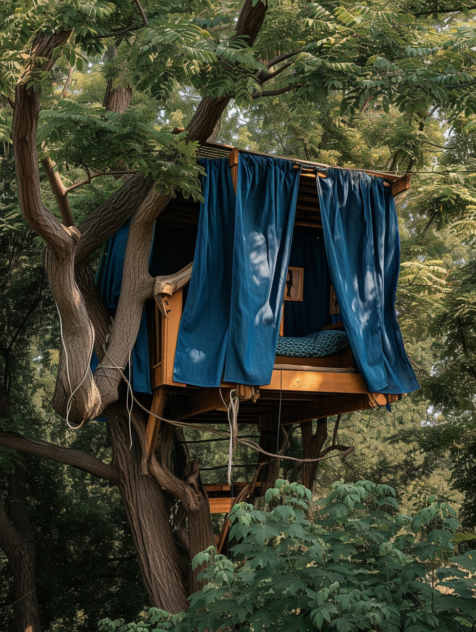 Treehouse decorated with sustainable denim curtains amidst green trees.