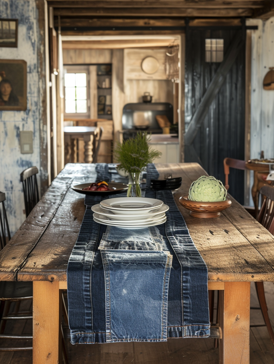 Upcycled denim table runner in a rustic dining room
