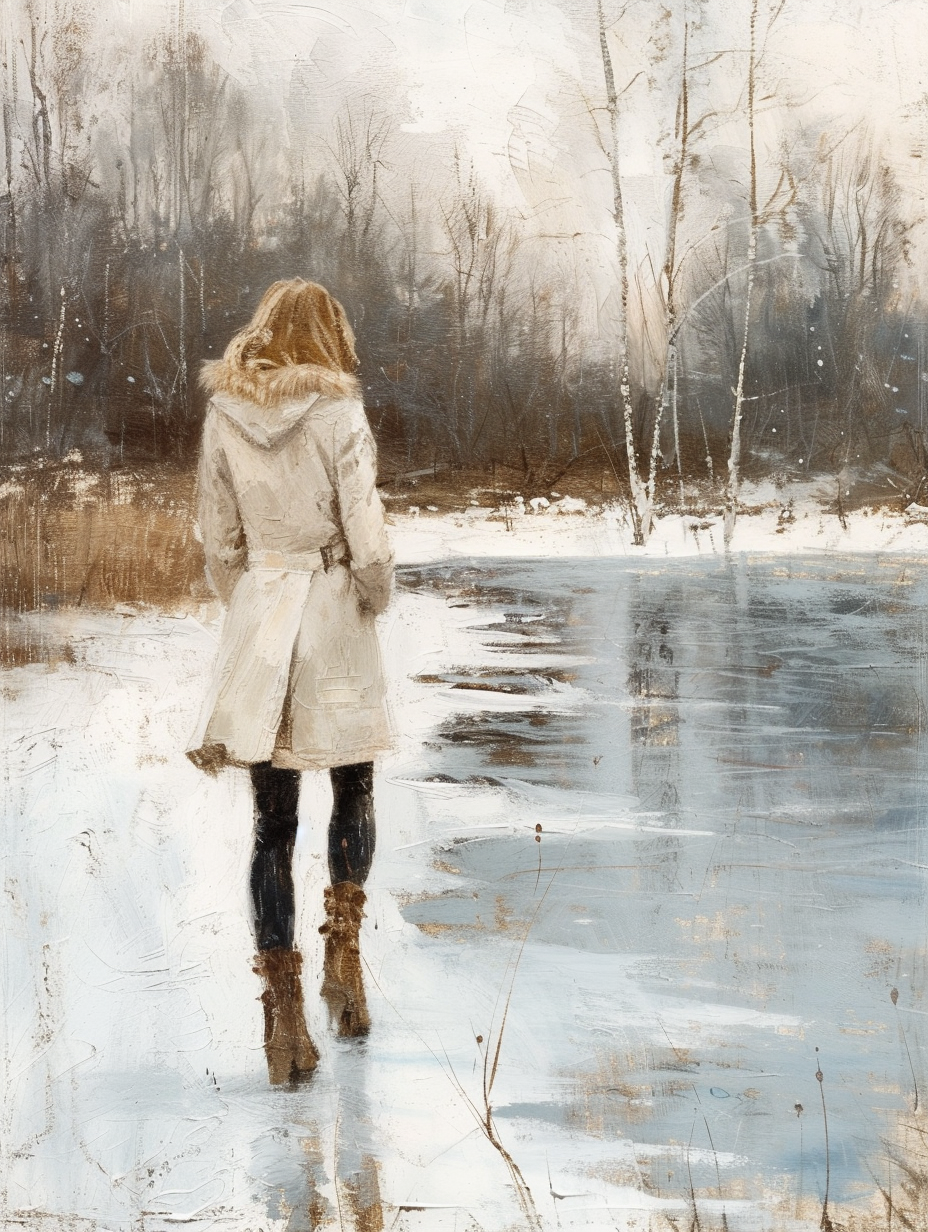 Urban woman dressed in a white winter coat, walking beside a frozen pond