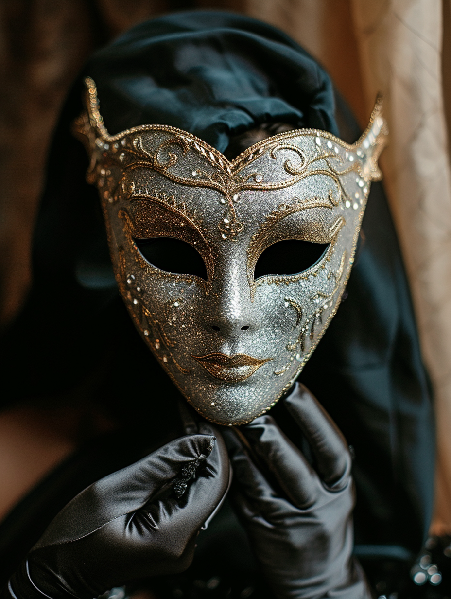 Velvet gloves handling a sequin masquerade mask