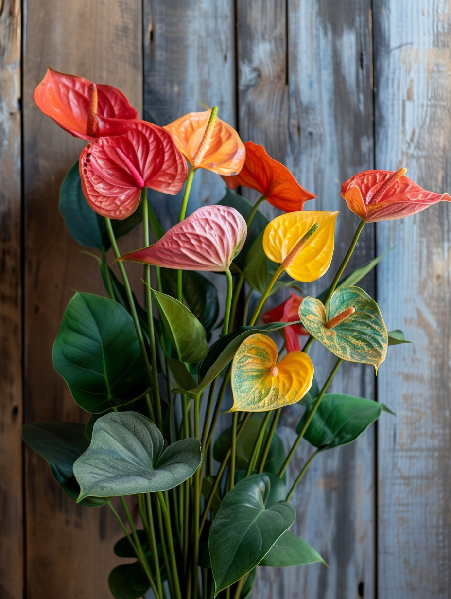 Vintage style Anthurium display with bright colors and a wooden background