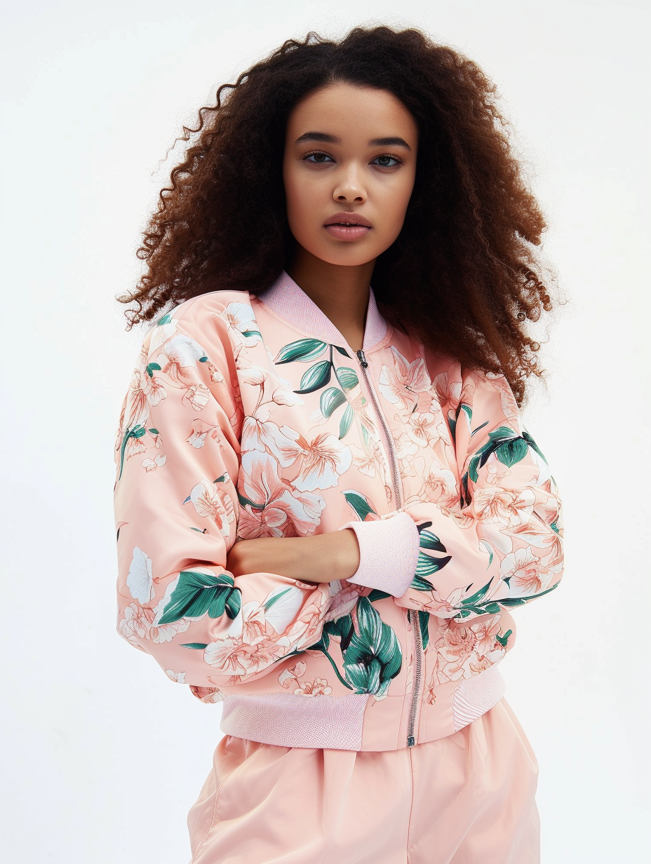Vintage style pastel pink bomber jacket with a floral print --ar 3:4