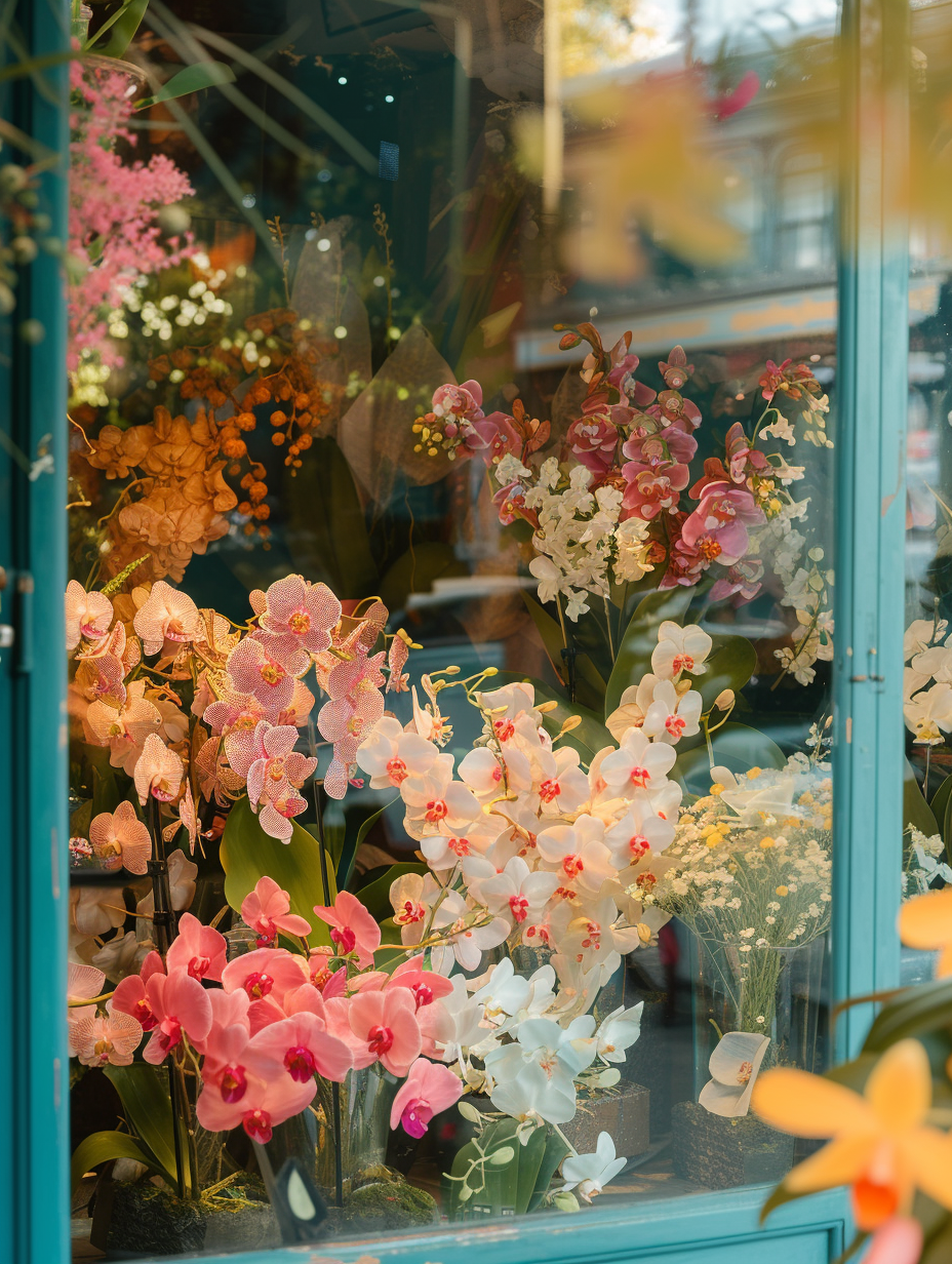 Window display of a flower shop abundant with variegated orchids