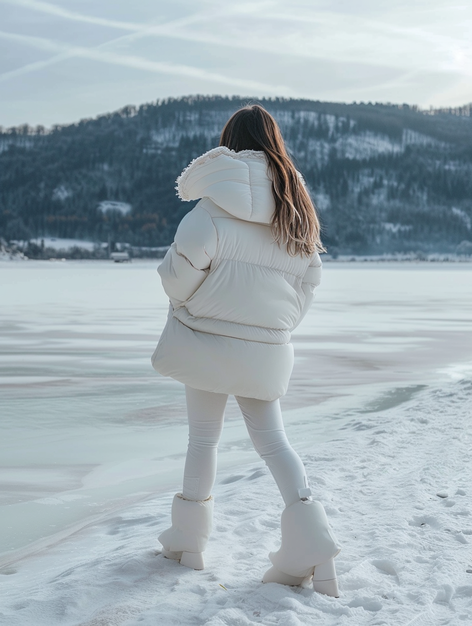 Woman draped in a white puffer jacket near a frozen lake