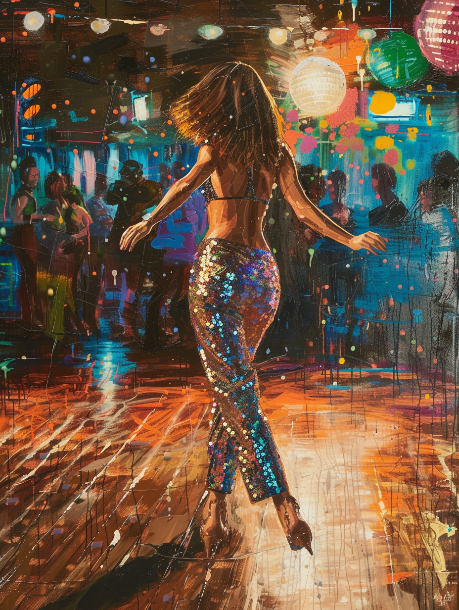 Woman in a sequined jumpsuit on a dance floor