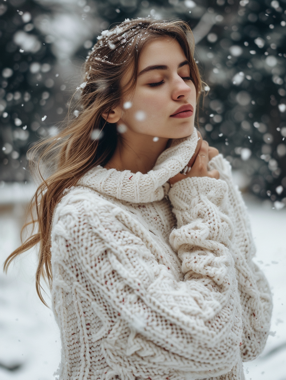 Woman wearing white oversized cashmere sweater embracing a snowfall